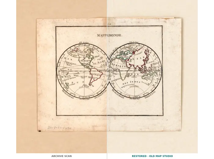 Antique World Map 1778 — Brion de la Tour, Mappemonde — full sheet before and after restoration