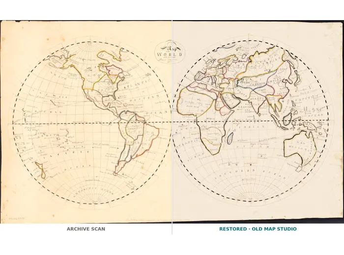 Antique World Map 1811 — Van Schaack, Most Recent Discoveries — full sheet before and after restoration