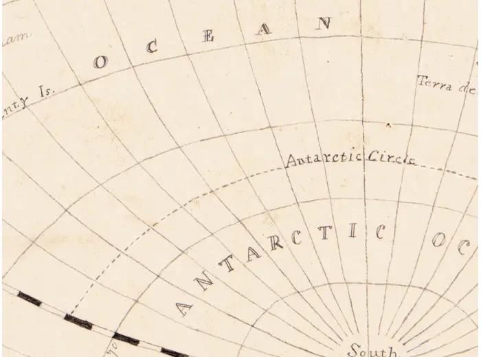 Antique World Map 1811 — Van Schaack, Most Recent Discoveries — detail 5: dashed limb and antarctic