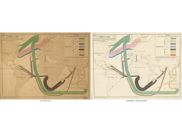 Antique World Map 1858 — Minard, Emigrants of the Globe — full sheet before and after restoration