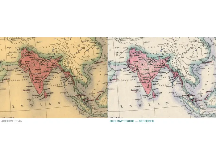 Mappa antica del mondo 1850 ca. — Bartholomew, Impero britannico — prima e dopo il restauro