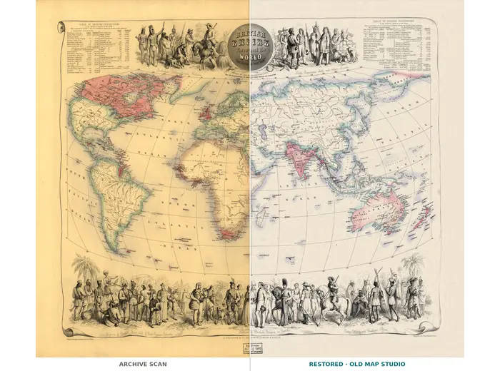 Mappa antica del mondo 1850 ca. — Bartholomew, Impero britannico — foglio intero prima e dopo il restauro