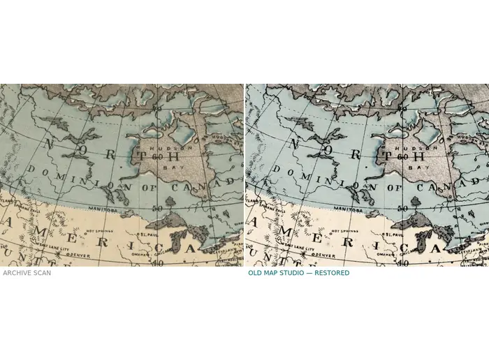 Old Flat Earth Map 1893 — Ferguson, Map of the Square and Stationary Earth — before and after restoration