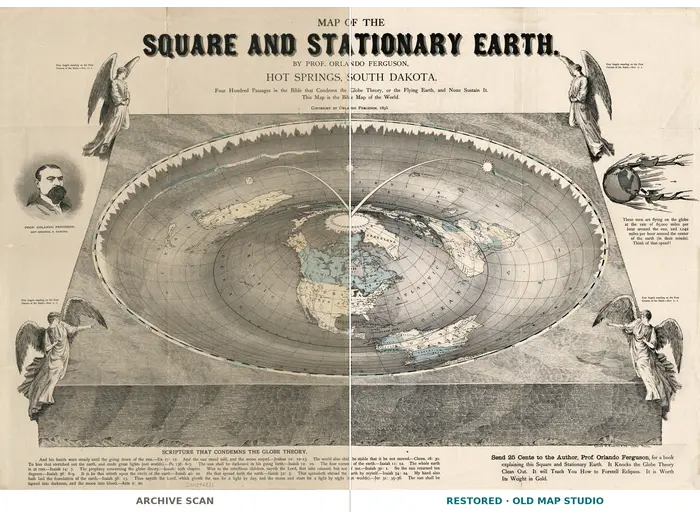 Old Flat Earth Map 1893 — Ferguson, Map of the Square and Stationary Earth — full sheet before and after restoration