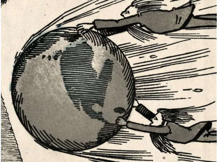 Old Flat Earth Map 1893 — Ferguson, Map of the Square and Stationary Earth — detail 7: men flying on the globe
