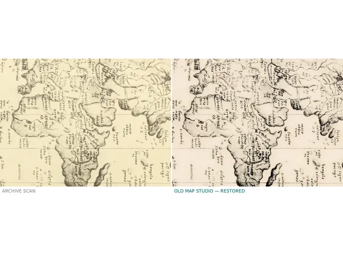 Antique World Map c. 1508 — Egerton Portolan Atlas, Plate 14 — before and after restoration