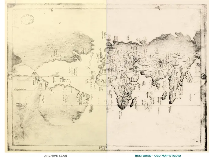 Antique World Map c. 1508 — Egerton Portolan Atlas, Plate 14 — full sheet before and after restoration