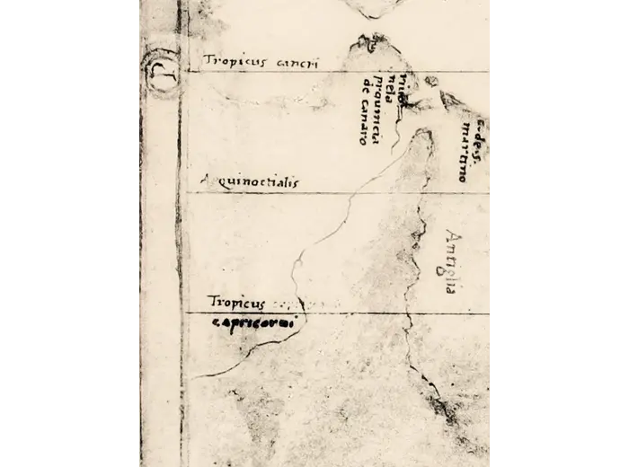 Antique World Map c. 1508 — Egerton Portolan Atlas, Plate 14 — detail 1: left edge tropics