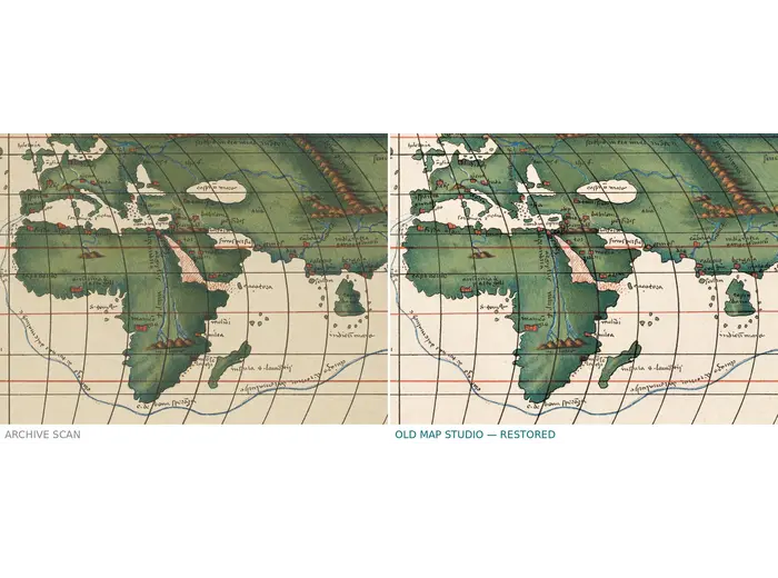Antique World Map — Italienische Weltkarte, Bomsdorff Facsimile 1872 — before and after restoration