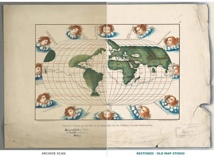 Antique World Map — Italienische Weltkarte, Bomsdorff Facsimile 1872 — full sheet before and after restoration