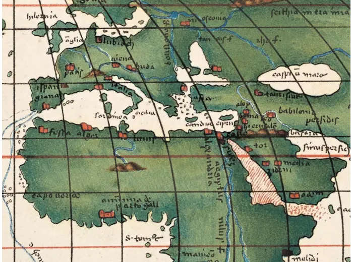 Antique World Map — Italienische Weltkarte, Bomsdorff Facsimile 1872 — detail 3: europe mediterranean