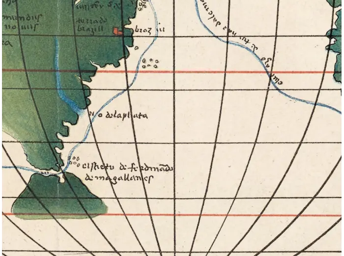 Antique World Map — Italienische Weltkarte, Bomsdorff Facsimile 1872 — detail 4: strait of magellan