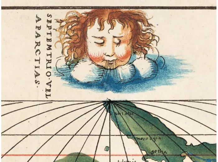 Antique World Map — Italienische Weltkarte, Bomsdorff Facsimile 1872 — detail 5: wind head septentrio