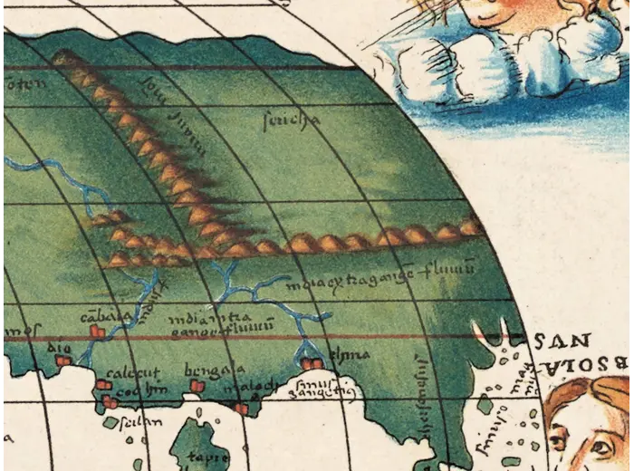 Antique World Map — Italienische Weltkarte, Bomsdorff Facsimile 1872 — detail 6: asia colour mountains