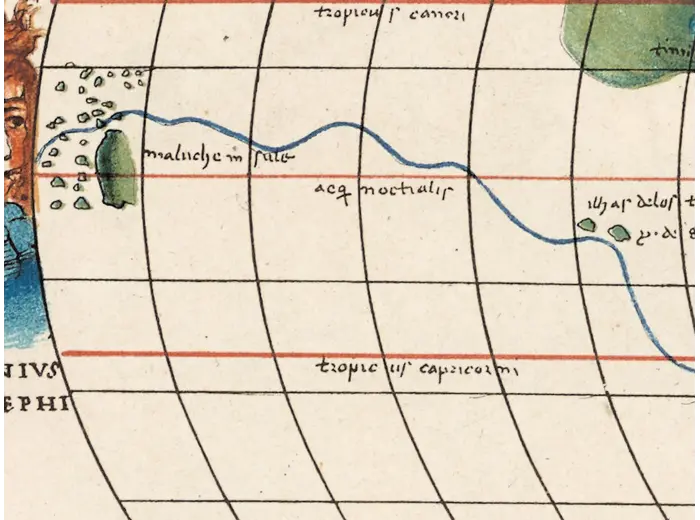 Antique World Map — Italienische Weltkarte, Bomsdorff Facsimile 1872 — detail 7: magellan route pacific
