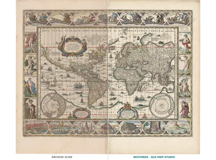 Antique World Map c. 1635 — Blaeu, Nova Totius Terrarum Orbis — full sheet before and after restoration