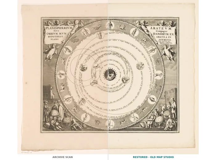 Antique Star Chart 1708 — Planisphaerium Arateum — full sheet before and after restoration