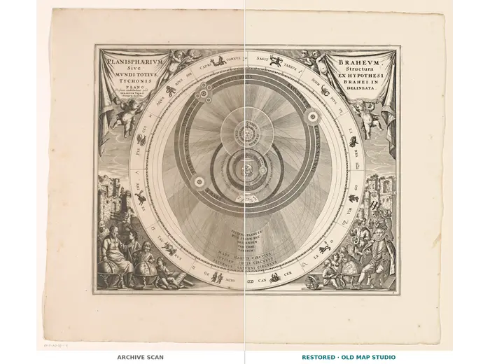Antique Star Chart 1708 — Planisphaerium Braheum — full sheet before and after restoration