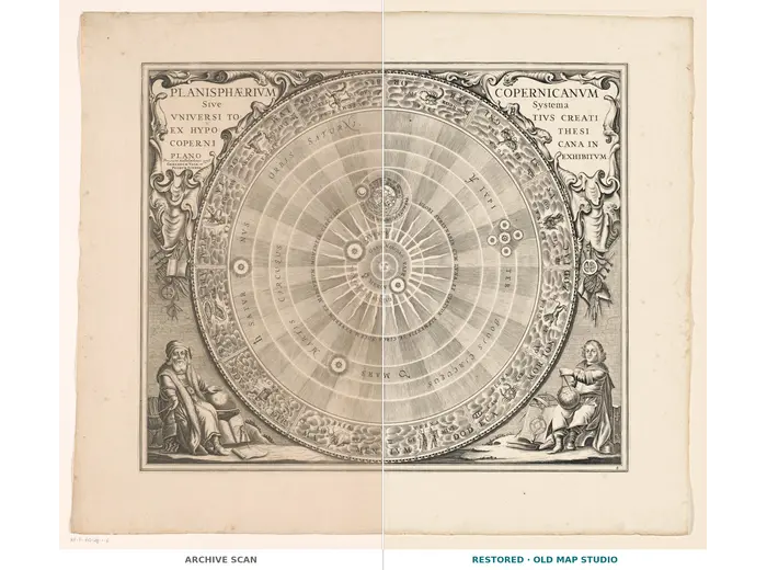 Antique Star Chart 1708 — Planisphaerium Copernicanum — full sheet before and after restoration