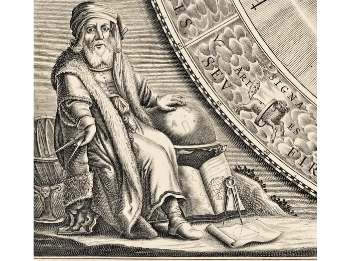 Antique Star Chart 1708 — Planisphaerium Copernicanum — detail 6: astronomer left