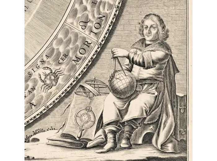Antique Star Chart 1708 — Planisphaerium Copernicanum — detail 7: astronomer right