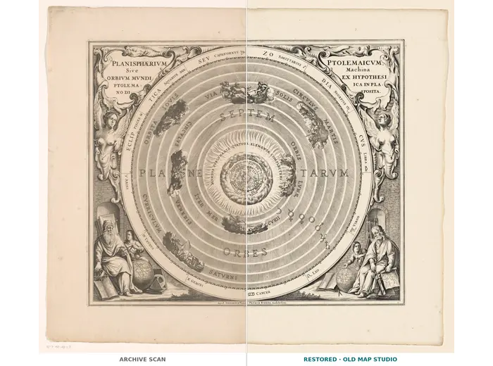 Antique Star Chart 1708 — Planisphaerium Ptolemaicum — full sheet before and after restoration