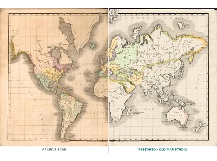 Antique World Map 1839 — Willard, Universal History — full sheet before and after restoration