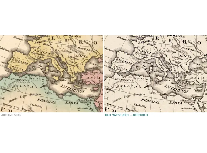 Oude wereldkaart 1826 — Tanner, Terra Veteribus Nota — voor en na restauratie