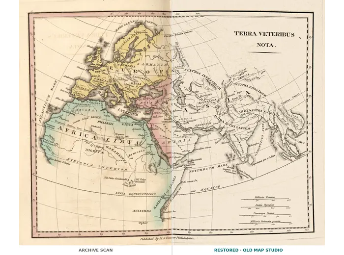 Oude wereldkaart 1826 — Tanner, Terra Veteribus Nota — volledig blad voor en na restauratie