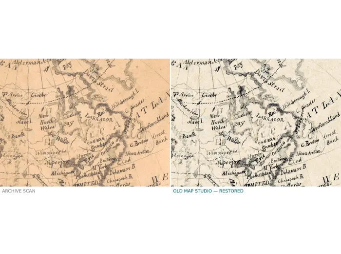 Oude wereldkaart 1810 — Elizabeth Knight, Map of the World — voor en na restauratie