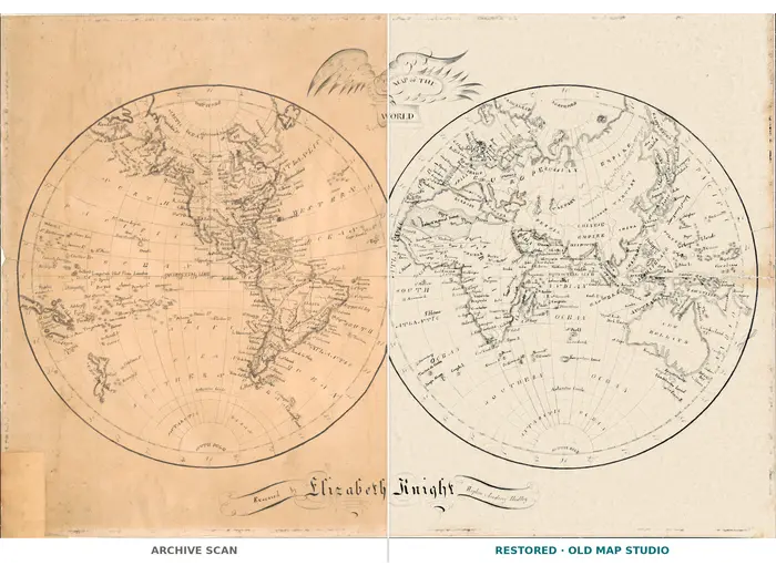 Oude wereldkaart 1810 — Elizabeth Knight, Map of the World — volledig blad voor en na restauratie
