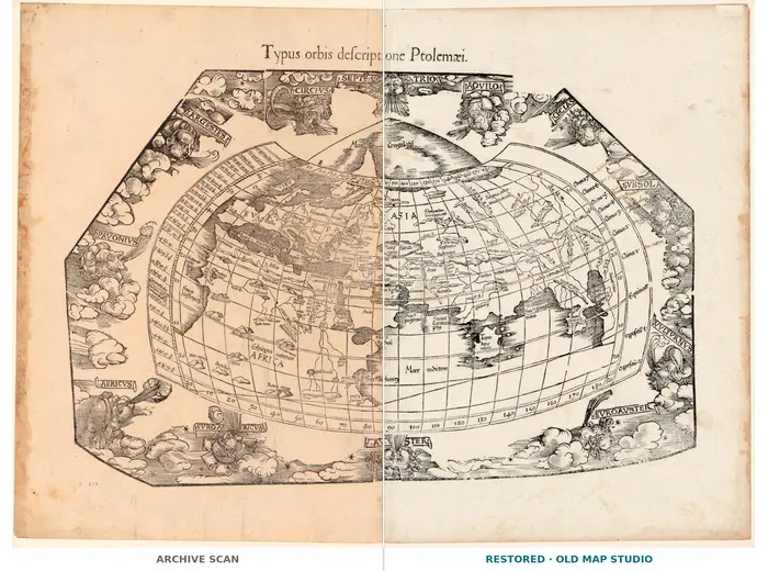 Antique World Map 1541 — Fries, Typus Orbis Ptolemaei — full sheet before and after restoration