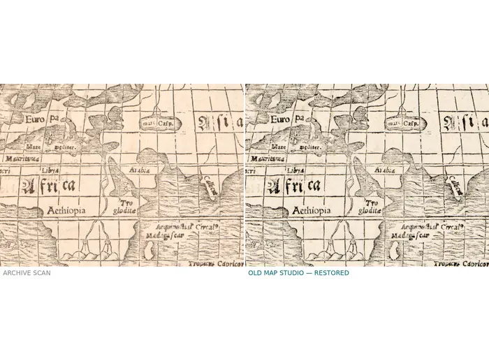 Antique World Map 1550 — Münster, Typus Orbis Universalis — before and after restoration