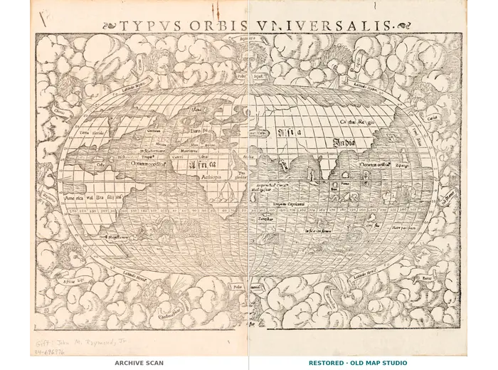 Antique World Map 1550 — Münster, Typus Orbis Universalis — full sheet before and after restoration