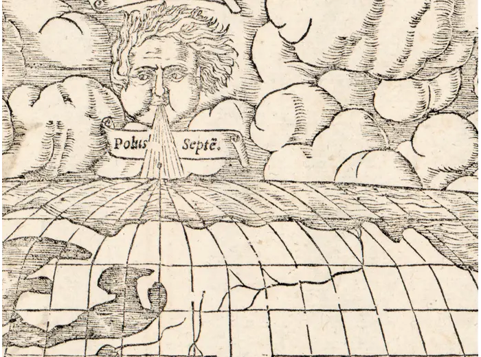 Antique World Map 1550 — Münster, Typus Orbis Universalis — detail 2: wind septentrio