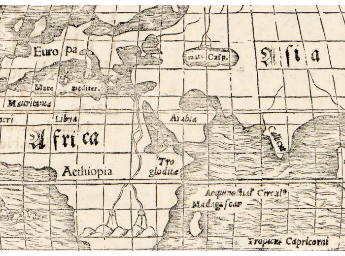 Antique World Map 1550 — Münster, Typus Orbis Universalis — detail 3: europa asia