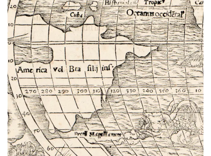 Antique World Map 1550 — Münster, Typus Orbis Universalis — detail 4: america vel brasilii