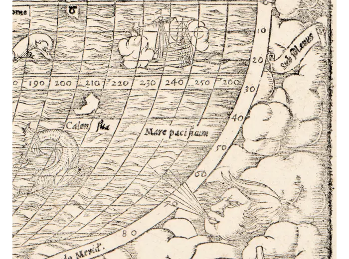 Antique World Map 1550 — Münster, Typus Orbis Universalis — detail 5: ships mare pacificum