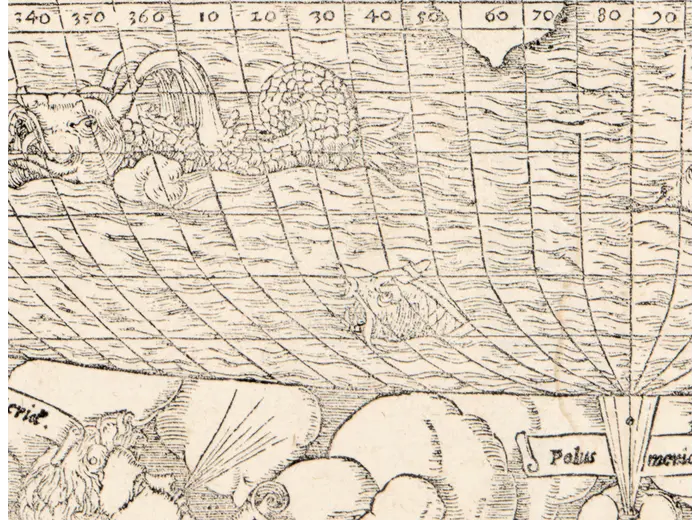 Antique World Map 1550 — Münster, Typus Orbis Universalis — detail 6: sea monsters