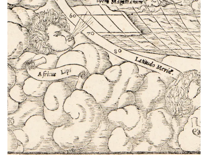 Antique World Map 1550 — Münster, Typus Orbis Universalis — detail 7: wind africus lips