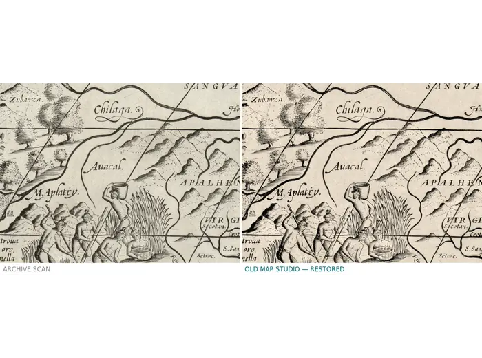 Mapamundi antiguo hacia 1643 — Rosaccio, mapa mural — antes y después de la restauración
