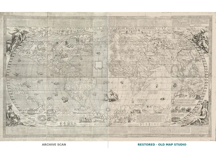 Mapamundi antiguo hacia 1643 — Rosaccio, mapa mural — hoja completa antes y después de la restauración
