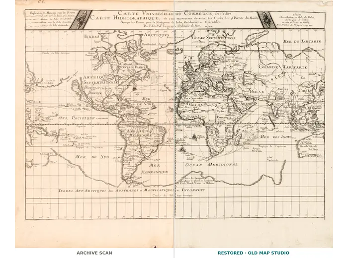 Antique World Map 1677 — Duval, Carte Vniverselle du Commerce — full sheet before and after restoration