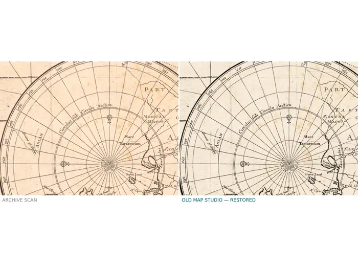 Antique World Map c. 1690 — Morden & Berry, To Capt. John Wood — before and after restoration