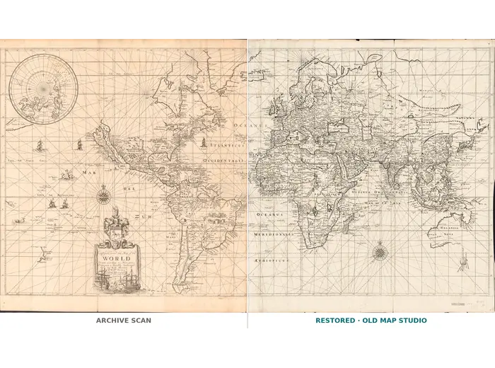 Antique World Map c. 1690 — Morden & Berry, To Capt. John Wood — full sheet before and after restoration