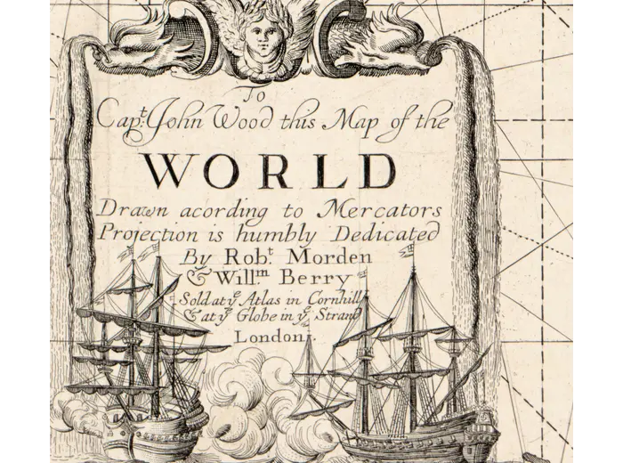 Antique World Map c. 1690 — Morden & Berry, To Capt. John Wood — detail 1: title cartouche