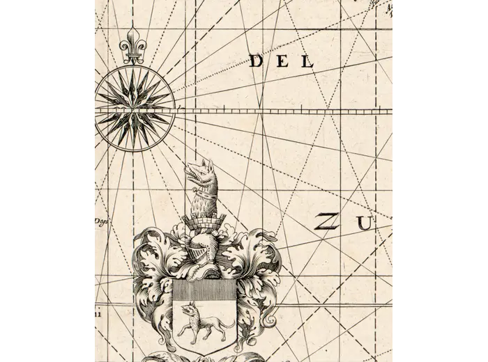 Antique World Map c. 1690 — Morden & Berry, To Capt. John Wood — detail 2: arms dedication
