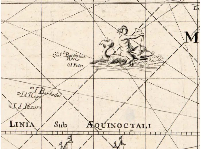 Antique World Map c. 1690 — Morden & Berry, To Capt. John Wood — detail 4: ships sea monsters