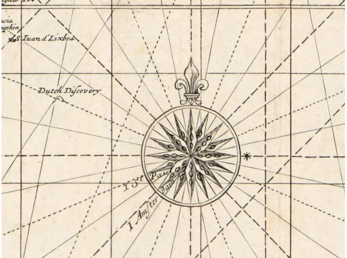 Antique World Map c. 1690 — Morden & Berry, To Capt. John Wood — detail 5: compass rose south