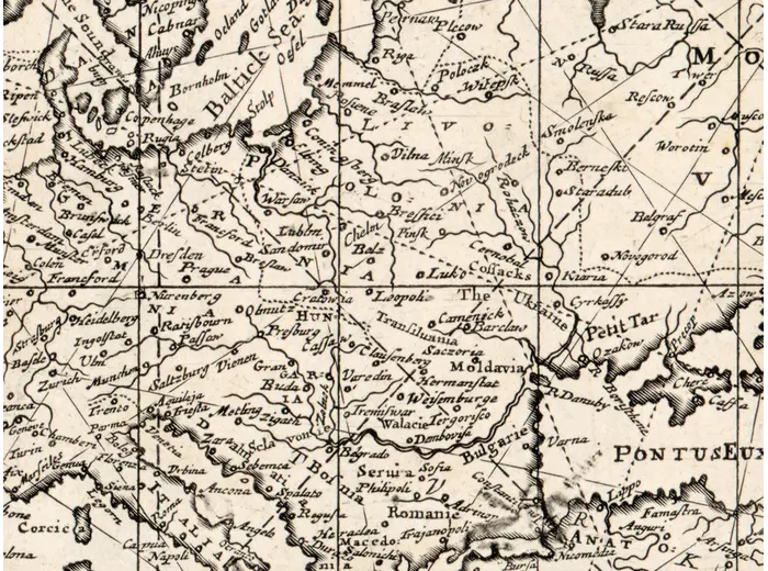 Antique World Map c. 1690 — Morden & Berry, To Capt. John Wood — detail 6: hatching europe